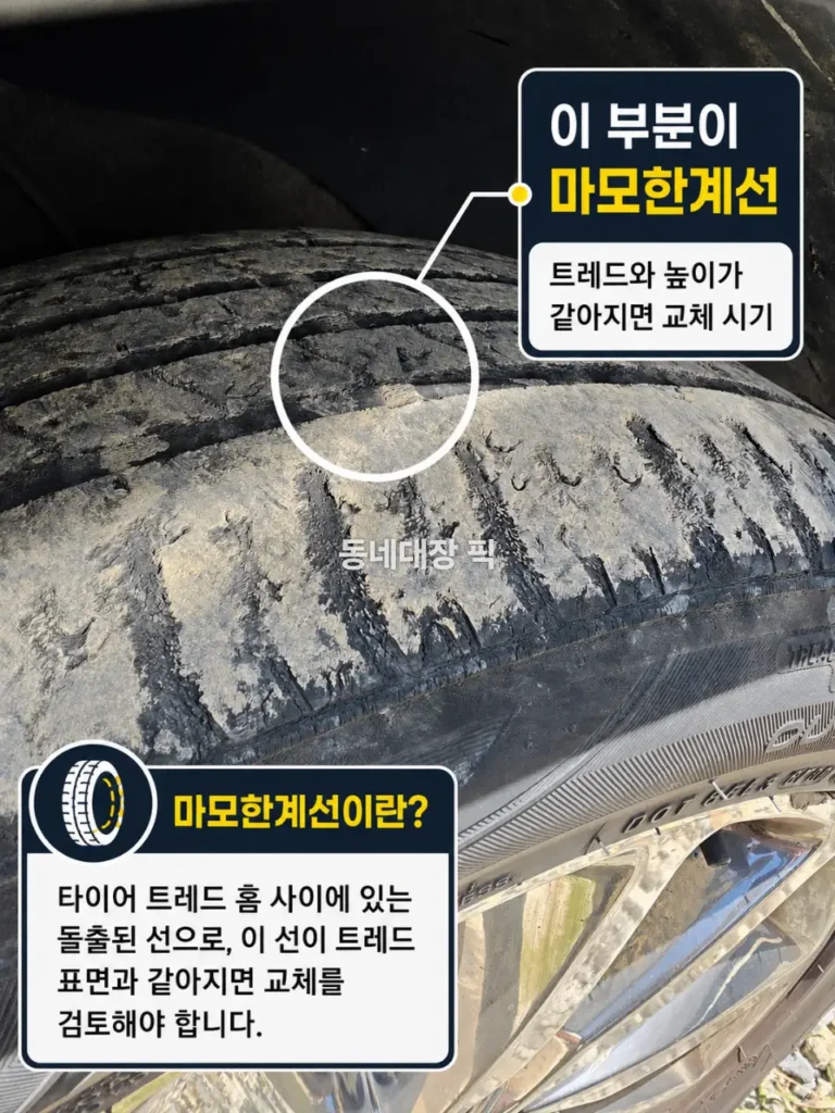 타이어 트레드 마모한계선 확인 방법