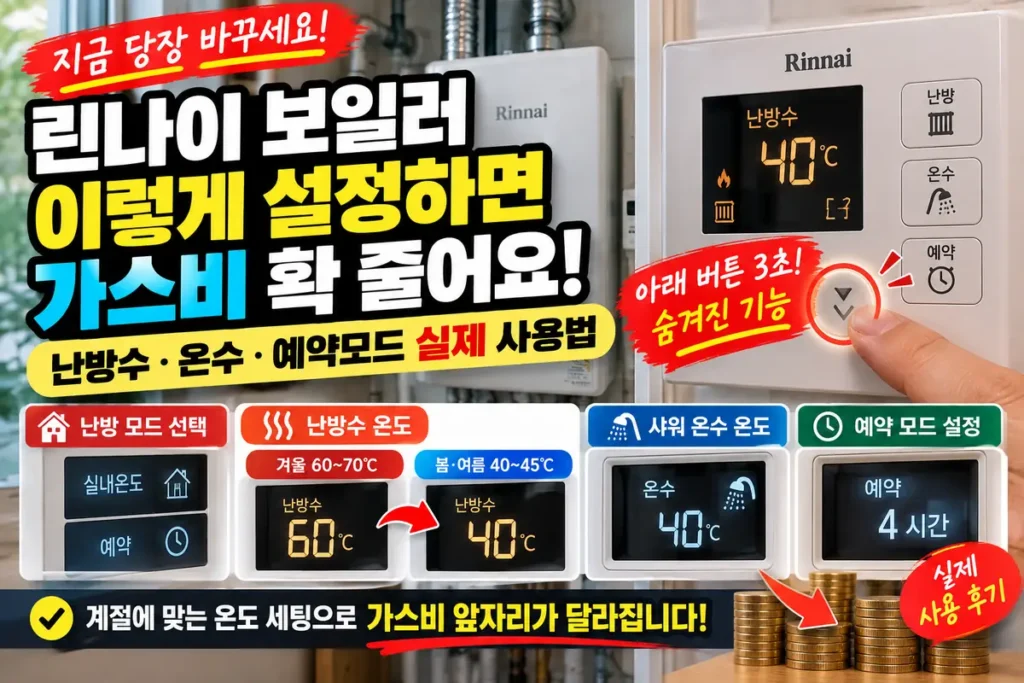 린나이 보일러 온도 설정과 난방수 온수 예약모드 실제 사용법
