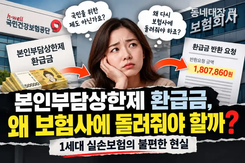 본인부담상한제 환급금 보험사 반환해야 하는 이유와 1세대 실손보험 가입자의 180만 원 반환 요구 사례를 설명하는 이미지