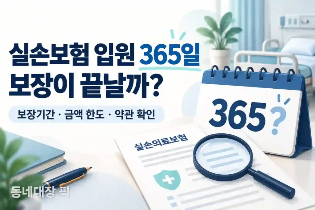 실손보험 입원 365일 보장기간과 금액 한도 확인을 안내하는 달력과 보험 약관 이미지