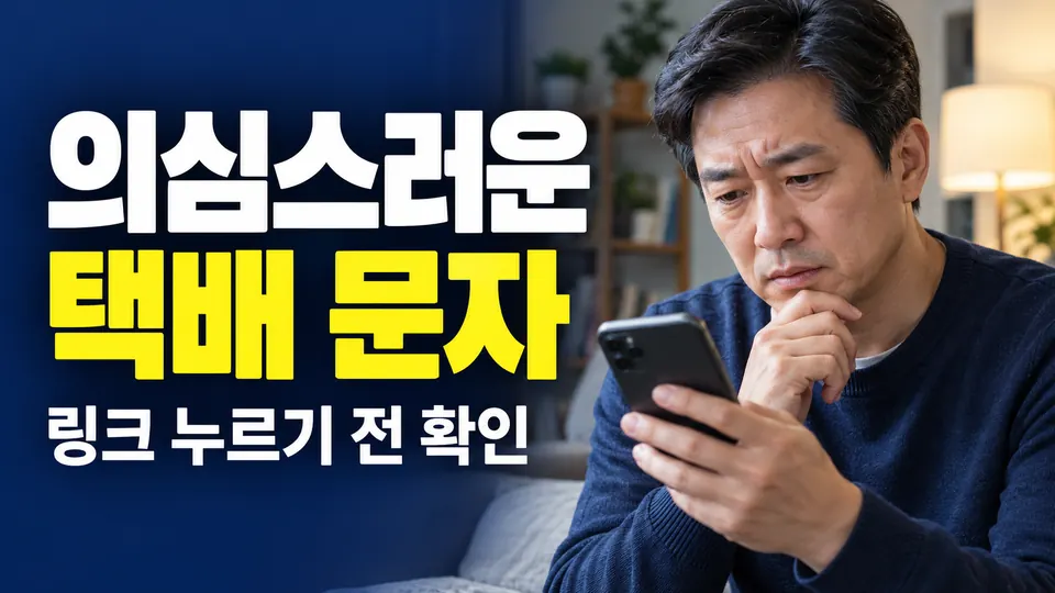 의심스러운 택배 문자 — 링크 누르기 전 확인 (AI 생성 실사형 설명용 이미지)