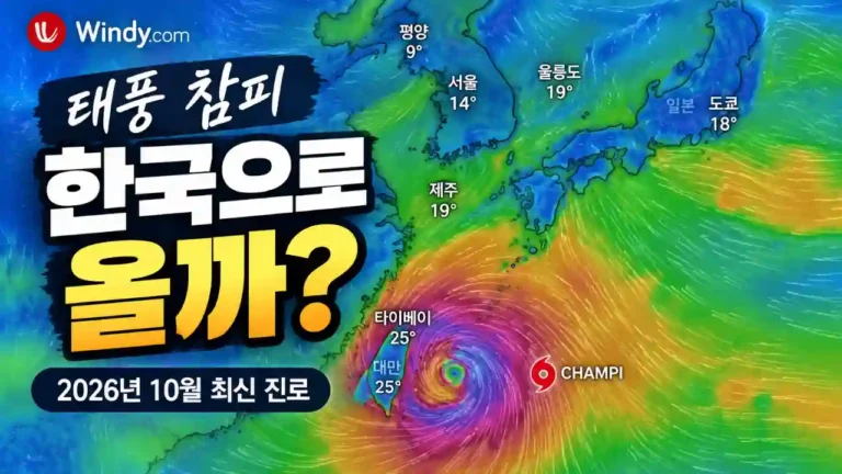 2026년 10월 제30호 태풍 참피의 한국 영향 가능성을 살펴보는 윈디 스타일 예상 바람 지도와 대만 동쪽 해상 태풍 위치