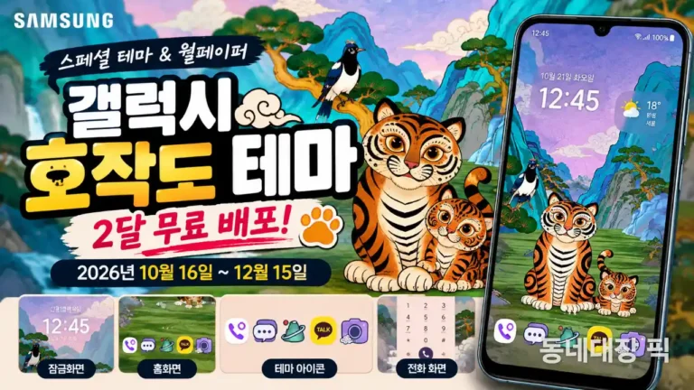 갤럭시 호작도 테마를 직접 적용한 홈 화면과 변경된 앱 아이콘 화면