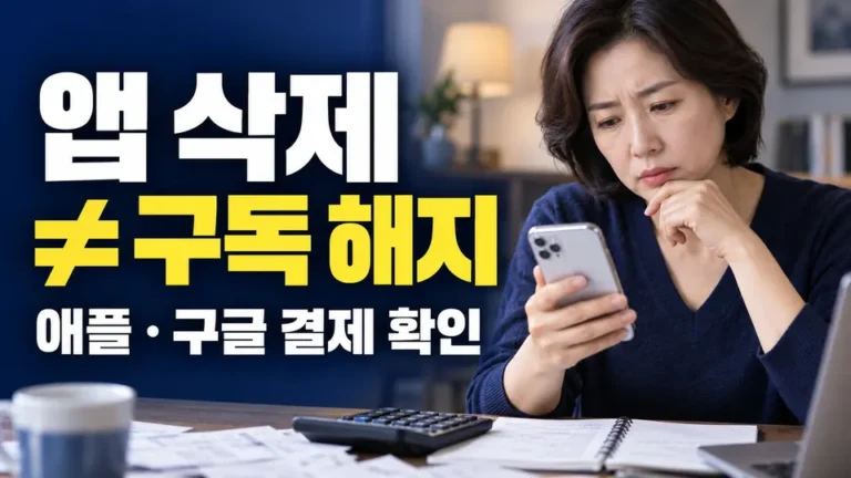 앱 삭제와 구독 해지 — 애플·구글 결제 확인 (AI 생성 실사형 설명용 이미지)
